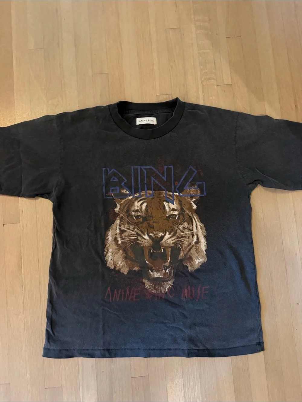 Anine Bing Black Tee with Brown Tiger Graphic